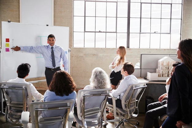 Businessmastands mit Whiteboard während einer Präsentation