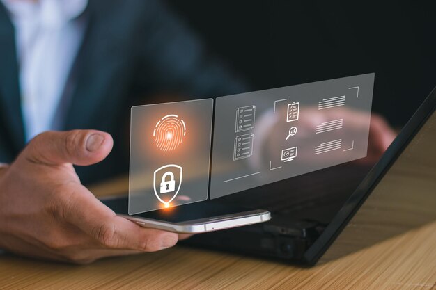 Businessmen use the concepts of fingerprint locking information network security and privacy to protect information and Internet network security
