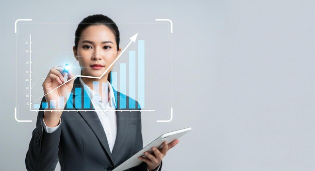 Businesswoman analyzing financial data with augmented reality