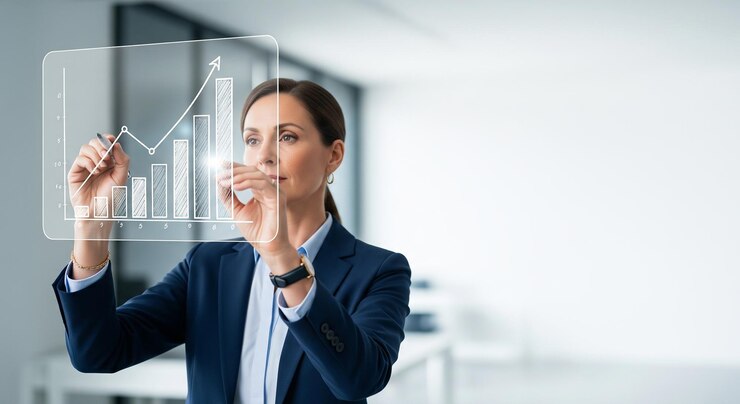 Businesswoman analyzing financial growth on a transparent screen