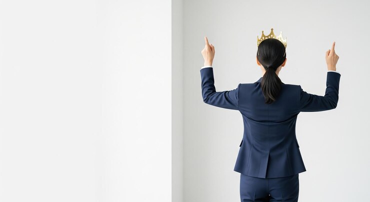 Businesswoman Celebrating Success Wearing a Crown with Arms Raised High