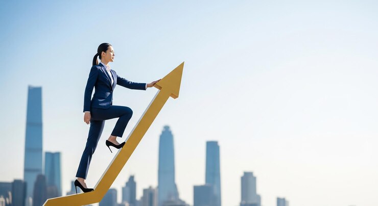 Businesswoman Climbing Golden Arrow Symbol of Success and Growth