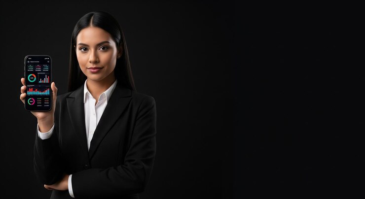 Businesswoman Displaying Financial Data on a Smartphone