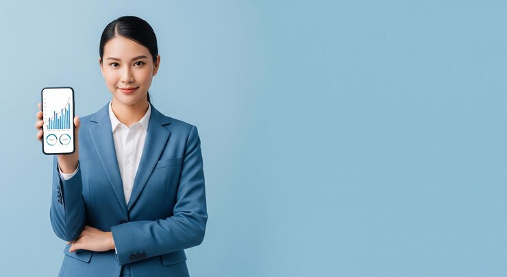 Businesswoman presenting financial data on a smartphone