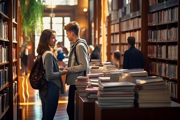 La búsqueda del conocimiento Dos amigos estudiantes se sumergen en un mar de libros en la biblioteca de la universidad