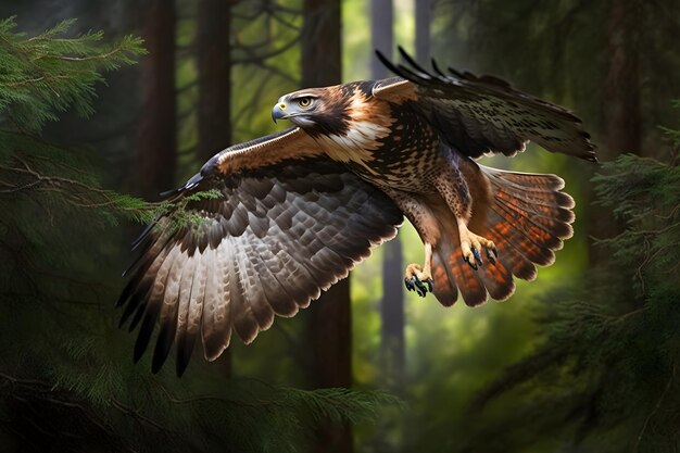 bussard im flug unter blauem himmel im wald gefangen