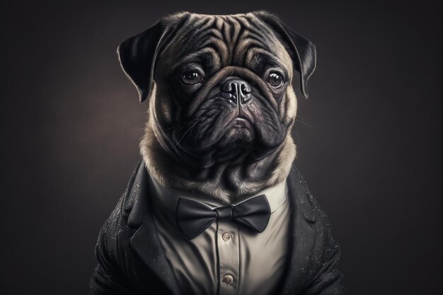 Bussieness pug em um terno de jaqueta em um cinza com um fundo de borboleta close-up Animais olhar sério safari engraçado Conceito de terno de escritório Ilustração em alta qualidade Generative AI