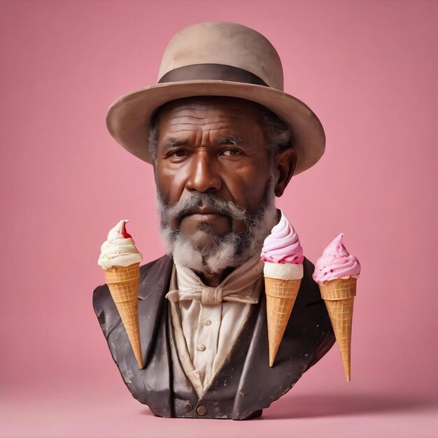 Busto antiguo de hombre con sombrero y helado en fondo rosa