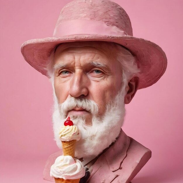 Busto antiguo de hombre con sombrero y helado en fondo rosa