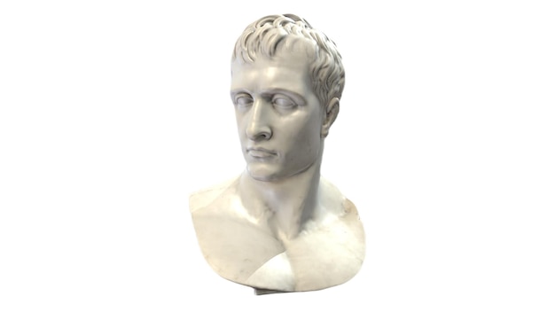 Un busto blanco de un hombre romano sobre un fondo blanco.