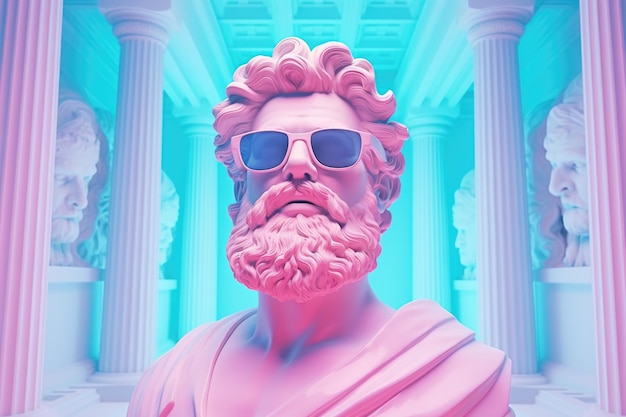 Busto blanco de Zeus con gafas rosadas iluminadas por la luz rosada de la colonnada