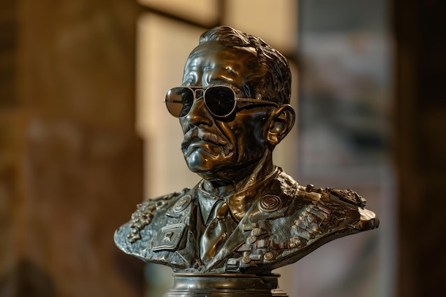 Busto de bronce histórico general con gafas de sol tácticas