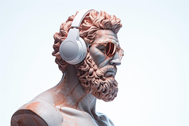 Busto de Hércules usando óculos marrons com fones de ouvido brancos na cabeça Conceito criativo de música
