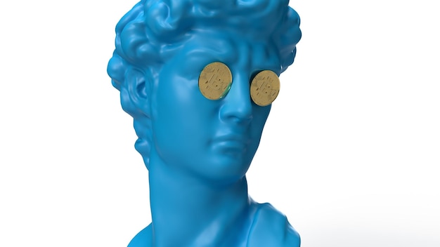 busto de renderização 3d de david goluby em um fundo branco de moedas bitcoin