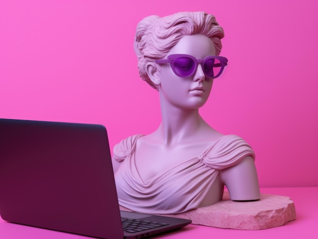 Busto femenino de la antigua Grecia con gafas de sol sonriendo trabajando en una computadora portátil