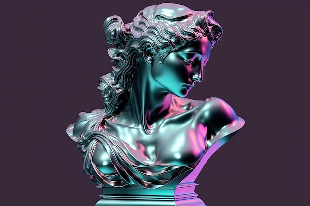 Busto femenino en ilustración abstracta realizado en metal cromado con fondo degradado en tonos vaporwave