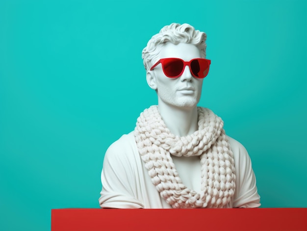 El busto griego antiguo de un hombre con gafas de sol es una tendencia de concepto minimalista de fondo colorido