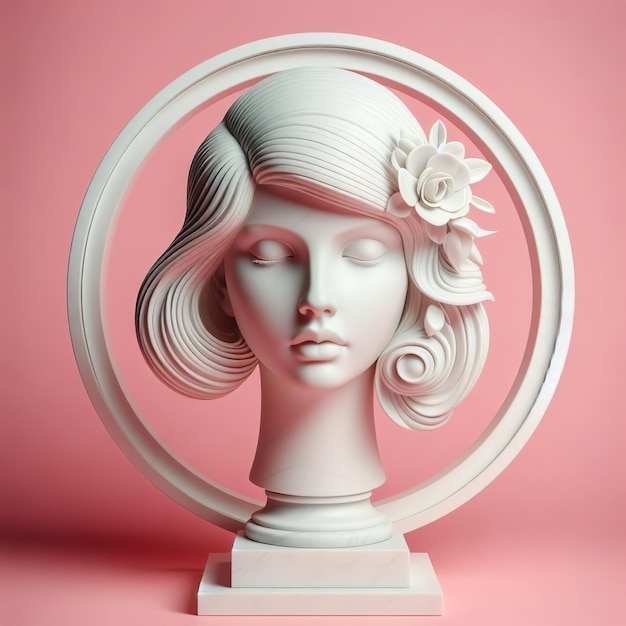 un busto de mármol blanco de la belleza de la mujer moderna en un fondo rosa