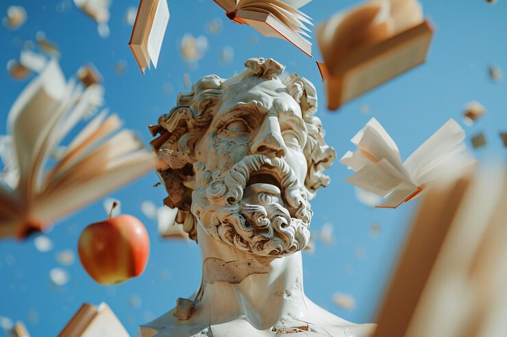 Busto de mármol blanco con boca abierta rodeado de libros voladores y una manzana roja contra un cielo azul