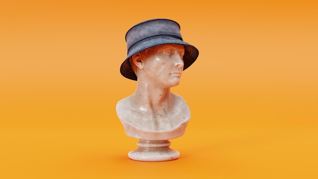 Busto renderizado em 3D de Júlio César usando chapéu panamá em fundo laranja