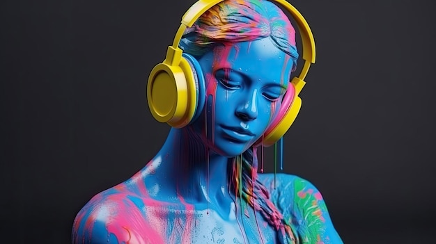 Busto de yeso de una niña con auriculares con una colorida cara de orgullo con tecnología de IA generativa