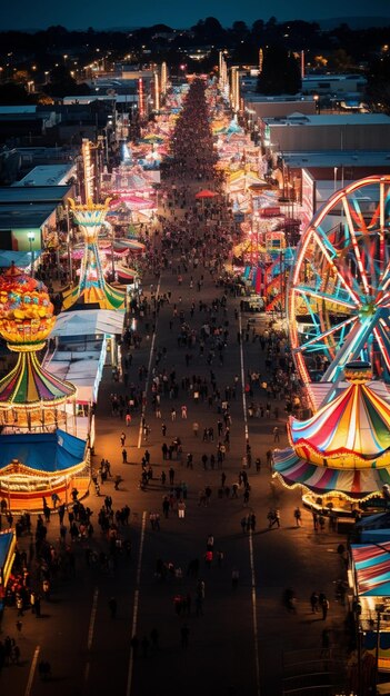 Foto busy county fair rides und lebensmittelstände luftansicht