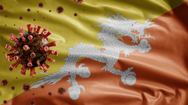 Bután ondeando la bandera y el virus del microscopio coronavirus