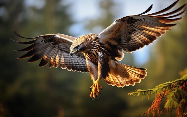 Buteo buteo volando en el bosque de otoño