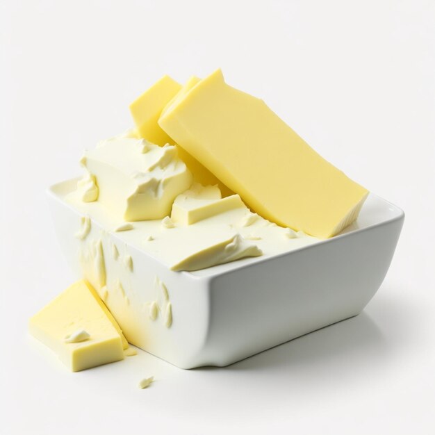 Butter auf einem Holzbrett, isoliert auf einem weißen Hintergrund mit Schatten AIGenerated