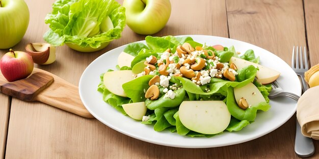 BUTTER LETTUCE SALAT mit Cashew Äpfeln Feta Scallion Sesam Honig Senf in einem Teller minimalistisch