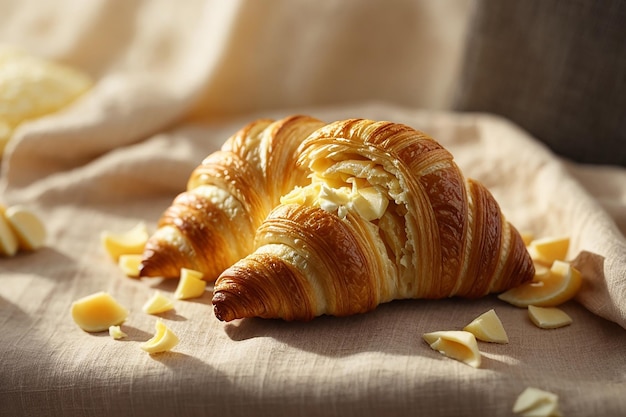 Buttercroissant auf Leinenstoff gelegt