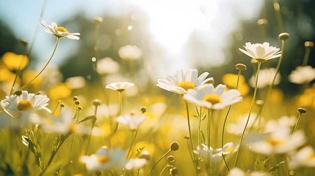 Buttercups y margaritas en un prado iluminado por el sol