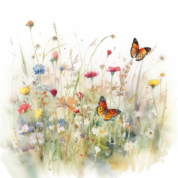 Butterflys em um campo de flores silvestres de primavera aquarela em branco fundo branco gerat ai