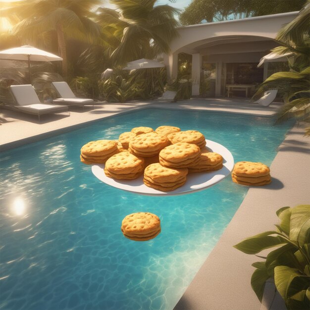 Buttermilk-Kekse, die auf einer tropischen Poolparty schwimmen, üppige goldene Stunde Ultra Hd realistisch