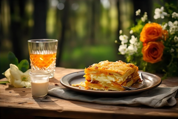 Butternut Squash Lasagna con refresco Beber para el almuerzo en la mesa de madera y jardín Naturaleza de fondo