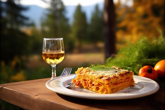 Butternut Squash Lasagna con refresco Beber para el almuerzo en la mesa de madera y jardín Naturaleza de fondo