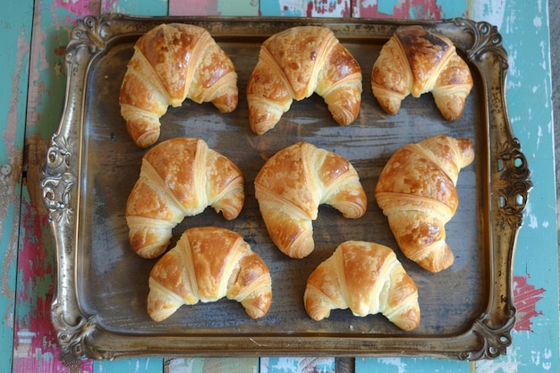 Butterreiche Croissants perfekt auf einem Vintage-Holztreih