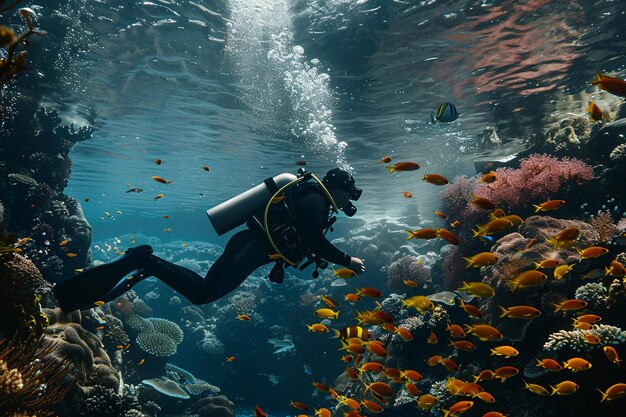 buzo bajo el agua con coral y peces naranja