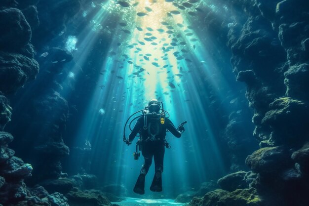 Buzo arafed en una cueva azul profundo con rayos de sol ai generativo