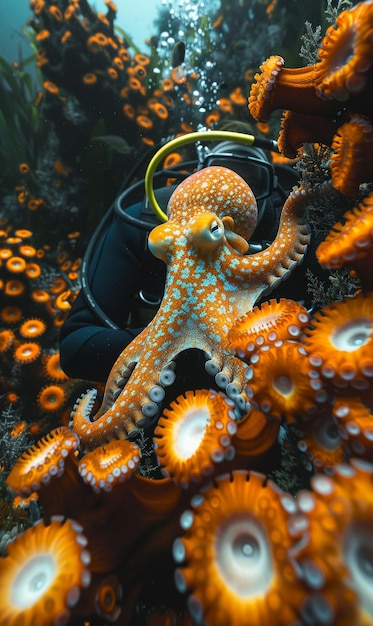 Un buzo buceador nada bajo el agua dentro de una cueva llena de hermosa flora y fauna muchos peces y arrecifes de coral vida submarina marina