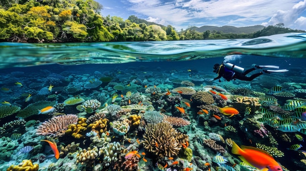 Un buzo buceador nada bajo el agua dentro de una cueva llena de hermosa flora y fauna muchos peces y arrecifes de coral vida submarina marina