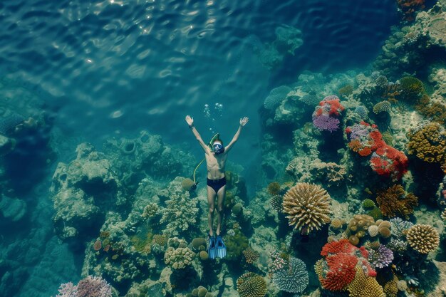 Un buzo buceo nada bajo el agua contra el telón de fondo de la hermosa flora y fauna viviente del océano fotografía fotorrealista del mar submarino