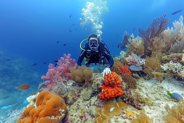 Un buzo buceo nada bajo el agua contra el telón de fondo de la hermosa flora y fauna viviente del océano fotografía fotorrealista del mar submarino