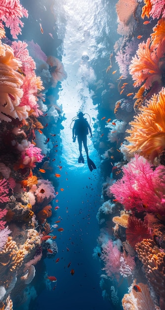 Un buzo buceo nada bajo el agua contra el telón de fondo de la hermosa flora y fauna viviente del océano fotografía fotorrealista del mar submarino