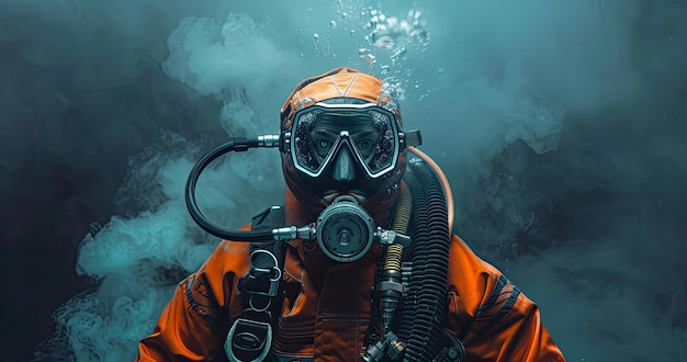 Un buzo comercial en equipo de buceo preparándose para una operación submarina fotorealista de fondo de color sólido