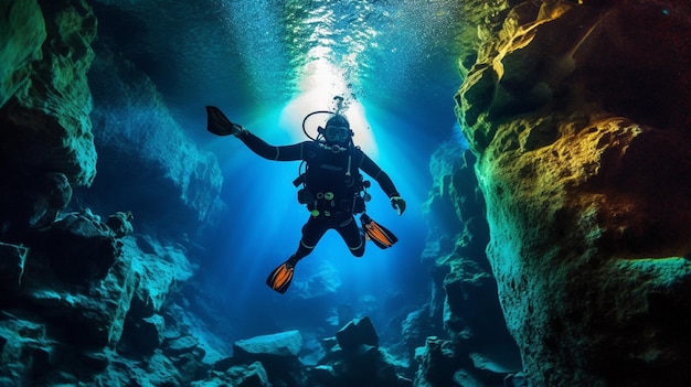 Un buzo en una cueva con la palabra scuba en el fondo.