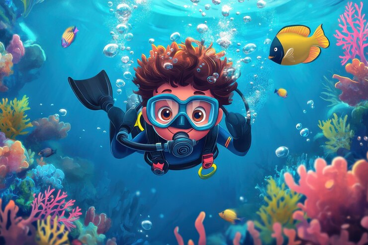 Un buzo de dibujos animados explorando un vibrante mundo submarino rodeado de coral y burbujas