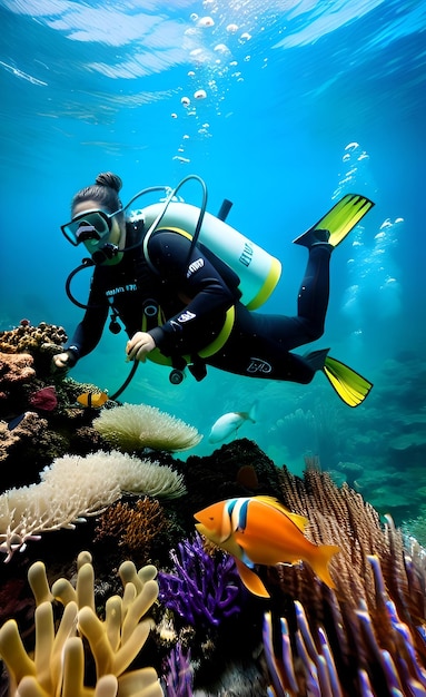 Un buzo está nadando cerca de un arrecife de coral con la palabra coral.