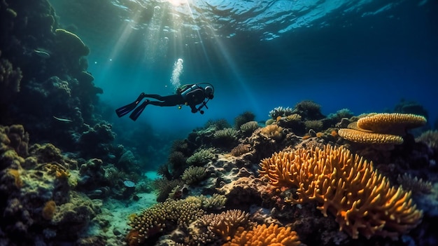 Un buzo está nadando a lo largo del arrecife de coral.