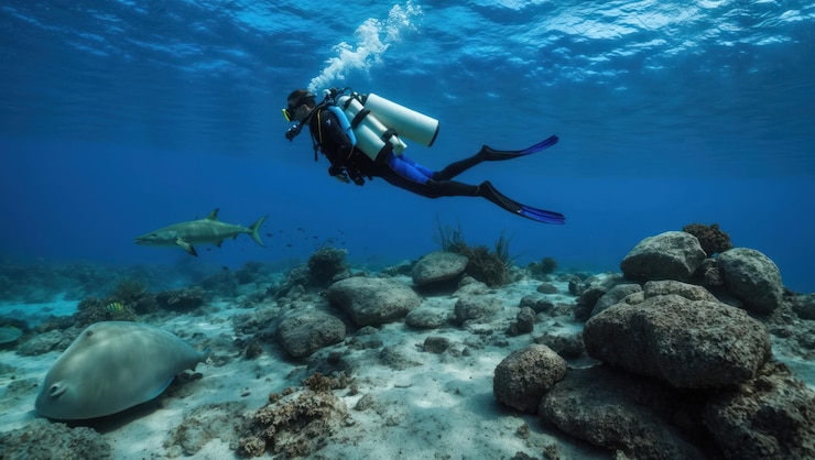 Foto el buzo explora el arrecife de coral en el océano azul claro perfecto para aventuras de vida marina